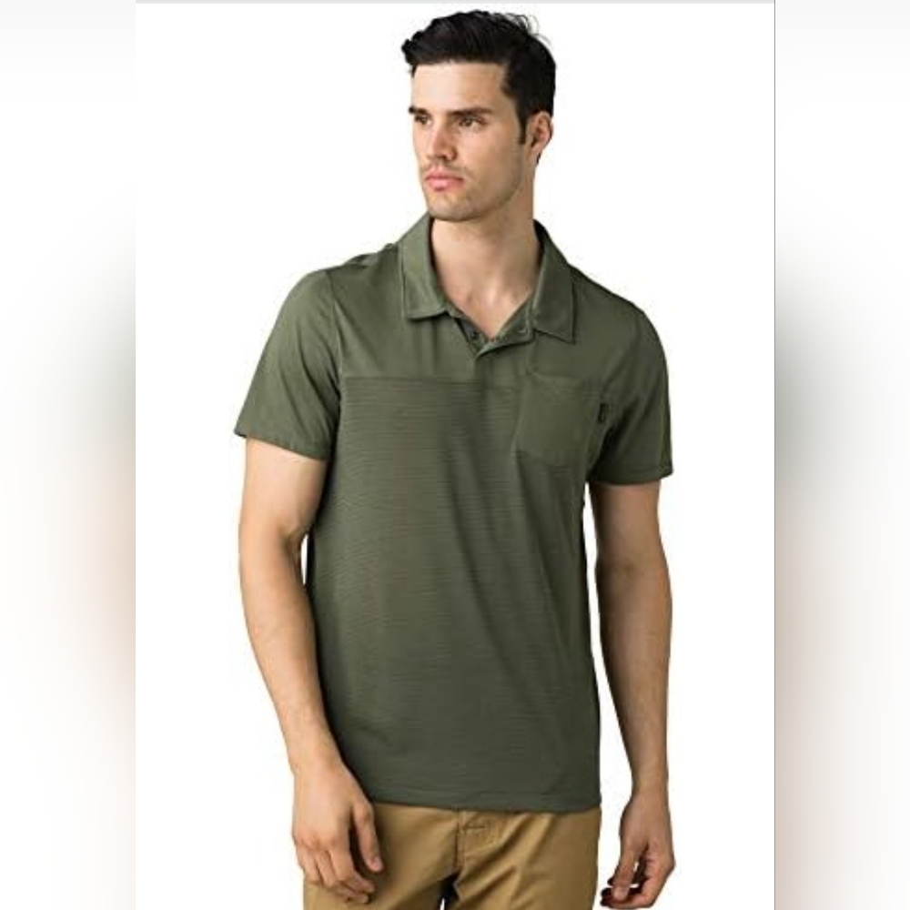 Prana M Milo Polo Shirt Shortleeve Olive Green Pocket Performance Active